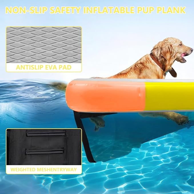 Inflatable Dog Water Ramp, Non-Slip Floating Dock Ladder for Pools, Boats & Lakes, Pool Ramp for Dogs Up to 200 Pounds, Orange Yellow