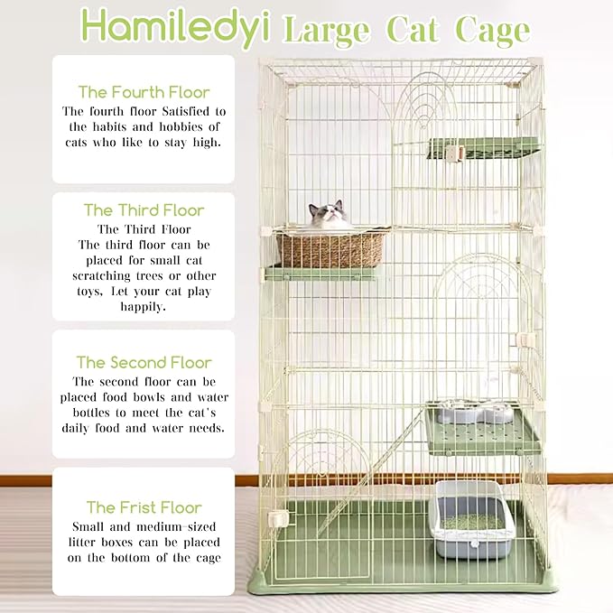 Hamiledyi Large Cat Cage 52 Inch Detachable Kennel with 3 Platforms and 1 Ramp Ladders Green Pet Playpen with 3 Doors Indoor Cat Enclosure for Small and Medium Animals