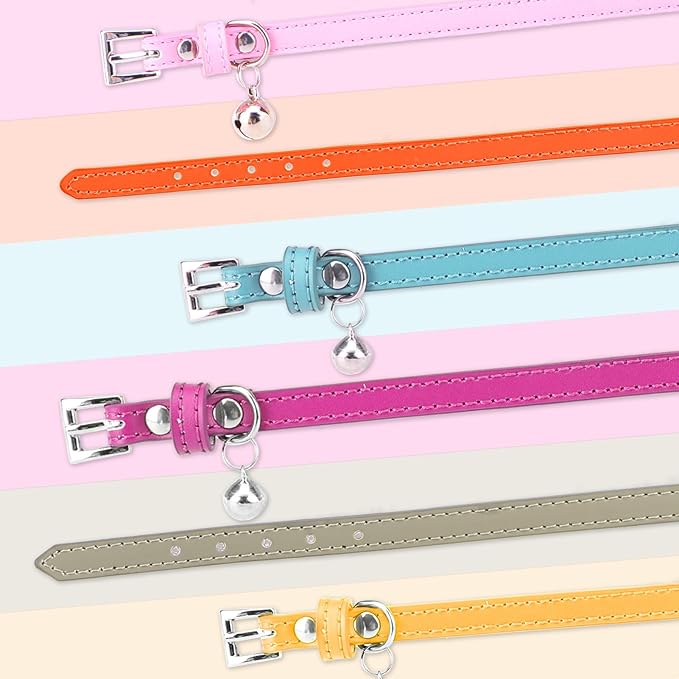PUPTECK 2 PCS Soft Genuine Leather Cat Kitten Collar with Bells Adjustable for Girl Boy Cats Puppy - Cream, Brown