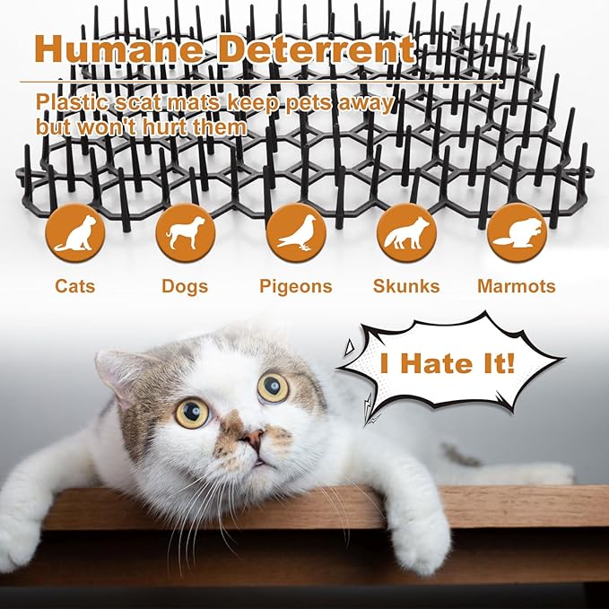 24PCS Scat Mat for Cats Indoor 8”x6” Scat Mats for Dogs Cat Scat Mat with Spikes Outdoor Cat Deterrent Mat with Staple & Tie Cat Repellent Mat Cat Spike Mat Keep Dogs Off Couch Counter Garden