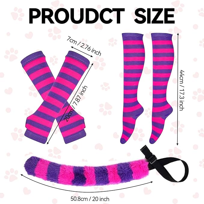 5Pcs Pink Purple Striped Cat Costume Set, Halloween Costume with Plush Ears, Adjustable Tail, Knee Socks, Gloves, Collar, for Women, Girls, Halloween Cosplay Party Outfit