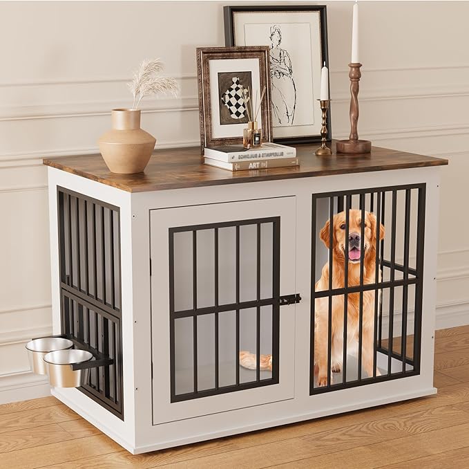 Dog Crate Furniture, 39.7" White Wooden Kennel, Heavy Duty Indestructible Dog Cage with Liftable Top Panel, Decorative Pet Crate House End Table TV Stand for Large Breed Medium Small High Anxiety Dogs