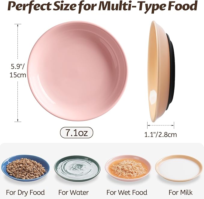 Colorful Cat Food Bowl,Non-Slip Silicone Bottom Cat Bowls for Indoor Cats,Anti Whisker Fatigue Cats Dishes Set,Shallow Wide Kitten Plates for Food and Water,4 Pack