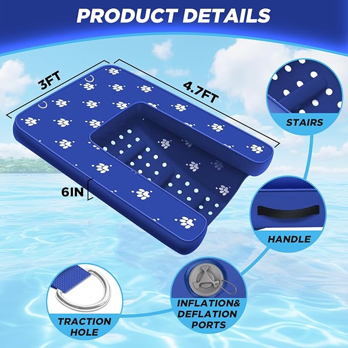 Inflatable Dock Platform, Dog Boat Ramp Floating Non-Slip Oxford and PVC Water Ramp for Dogs Pool, Dock, Lake with Traction Rope, Manual Air Inflation Pump Blue D(4.7ft x 3ft x 6in) Blue