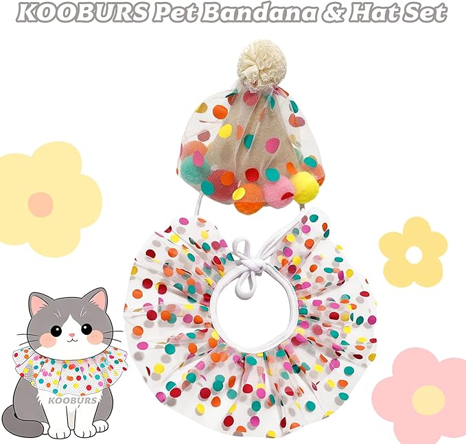 Cute Pet Birthday Costume Bandana Scarf Bib and Hat Set for Cat and Dog, Cat Dog Birthday Decorations Outfits (Polka Dot)