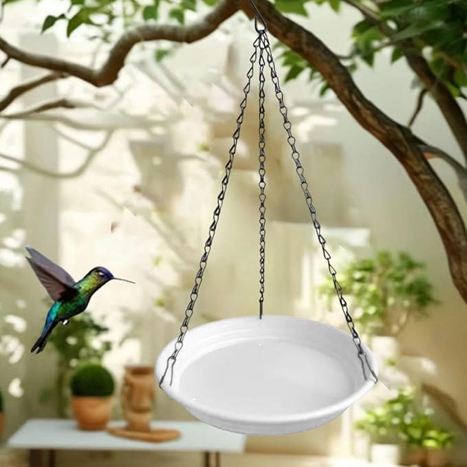 Hanging Bird Feeder and Waterer Tray Water Feeding Bowl Garden Decor with Chains Sturdy Birds Water Station for Backyard Yard, White