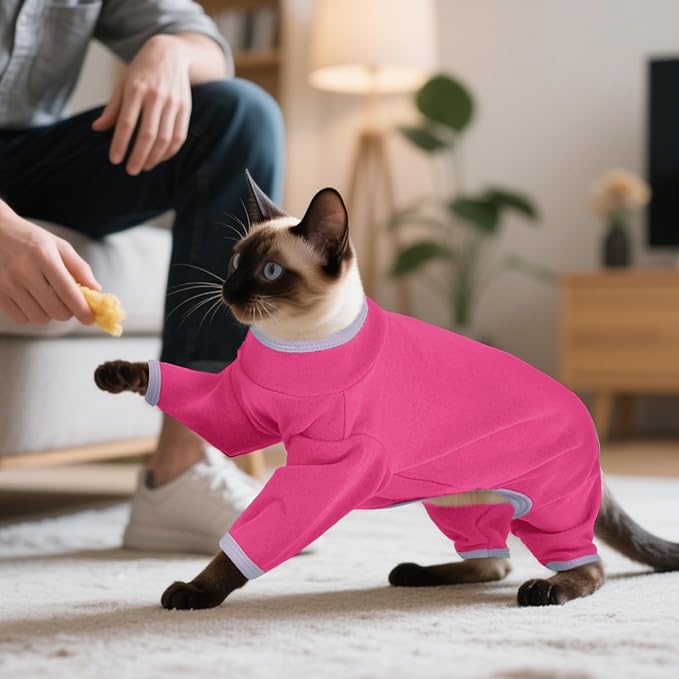 DENTRUN Cat Clothes for Hair Control with Hair Sticky Fabric - Soft Recovery Suit & Breathable Lint-Resistant Cat Sweater for Cats Only, Kitten Onesie Pajamas, M, Bright Pink