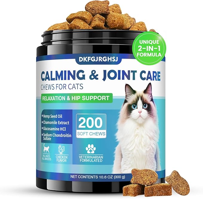 Cat Calming Treats, 200 Hemp Soft Chews Cat Calming Treats for Anxiety Relief with Glucosamine Hip & Joint Support Calming Chews for Cats Anxiety Stress Chicken Flavor
