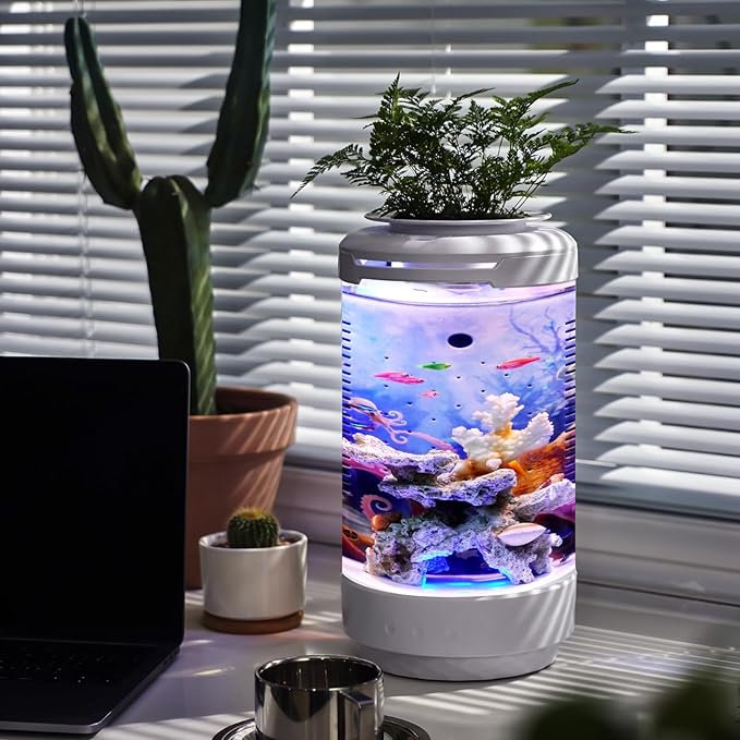 Small Fish Tank 1.2 Gallon Aquarium Starter Kit Desktop Mini Fish Bowl Small Betta Fish Tank with Plant Pot (Coral Reef)