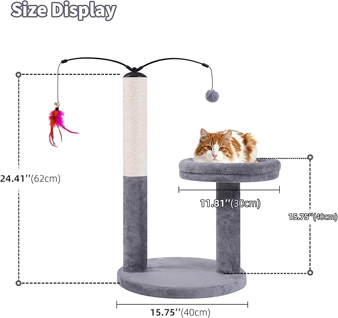 24" Scratching Post, Interactive Cat Scratcher, with Perch & Plush Toy, Sturdy Weighted Base, Grey