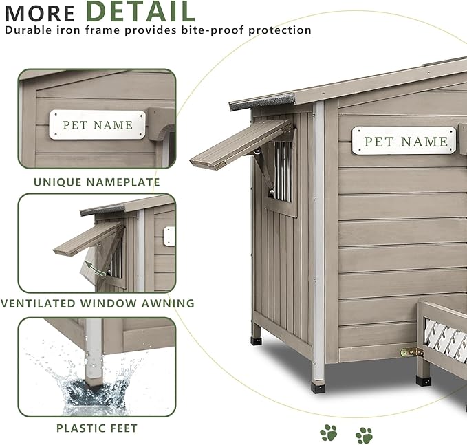 Wooden Dog House Outdoor Weatherproof Chew-Proof Iron Frame, Removable Floor, and Adjustable Window for Small Medium Dogs(Gray, 28.2" L x 18.1" W x 22.4" H)