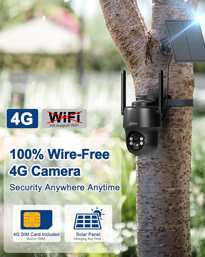 ANRAN 4G LTE Cellular Solar Security Camera Wireless Outdoor,No WiFi 2K Solar Powered Camera,Color Night Vision,360° Live View, PIR Motion Sensor,2 Way Talk,Black (SIM Card & 32GB SD Card Included)