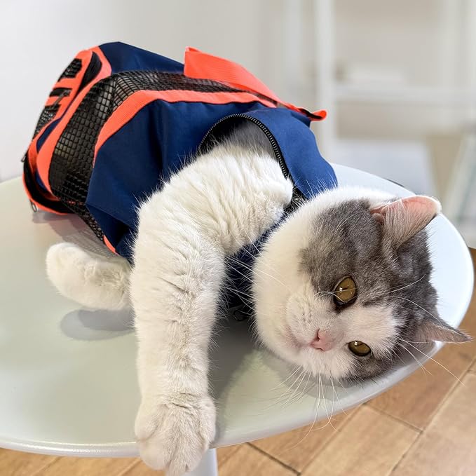 Cinf Cat Nail Clipping Cleaning Grooming Restraint Bag （Free Muzzle） No Scratching Biting for Bathing Nail Trimming Injecting Examining((Navy Blue,M)
