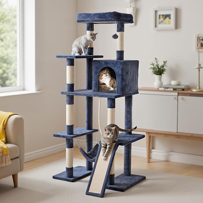 Sweetcrispy 63 inch Cat Tree Tower, Large Multi Level Cat Climbing Tower with Condo, Natural Sisal Scratching Posts, Extended Platform, Hammock, Pet House for Indoor Cats and Kittens Play, Dark Grey