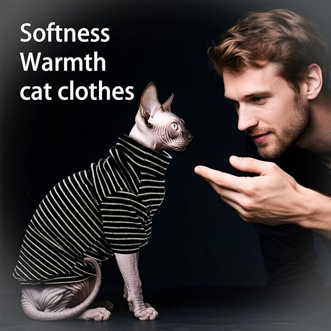 Fleece Sphynx Cat Clothes Soft Hairless Cat Clothes Pullover Cat Sweater for Chihuahua All Season Light and Warm Kitten Cloth for Cats Only Puppy Clothes Small Dog Sweater (B-Striped, M)