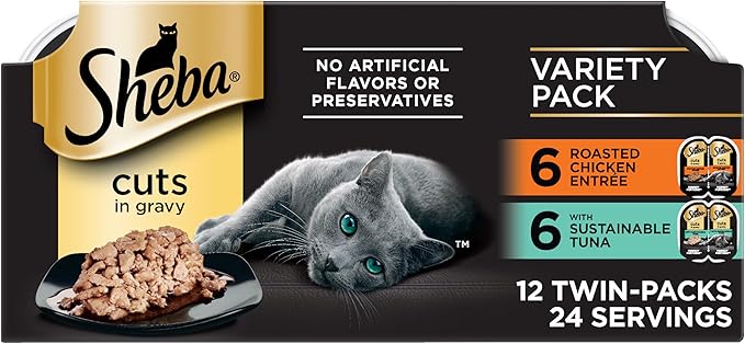 Sheba Perfect Portions Wet Cat Food Cuts in Gravy, Cat Food Wet Recipe, Sustainable Tuna Entree & Roasted Chicken Entree, 2.6 oz. Twin-Pack Trays (12 Count, 24 Servings)