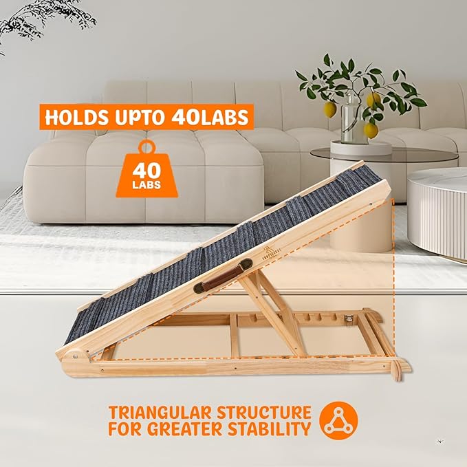 Large Dog Ramp for Bed and Couch Non Foldable Wooden Adjustable Pet Stairs for Dogs and Cats 41.3" Non Slip Ramp with 6 Height Settings Upto 25.6" Puppies, Pets, Indoor Outdoor Use
