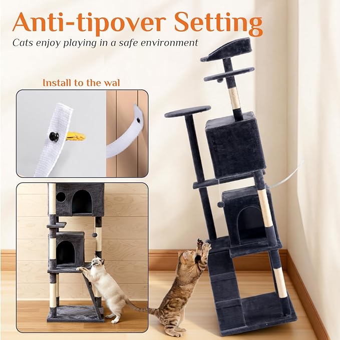 Sweetcrispy 70 Inch Cat Tree Tower, Multi-Level with Cat Scratching Post, Indoor Cat Condo with Climbing Ladder, Plush Toy, Play House for Cat, Dark Grey