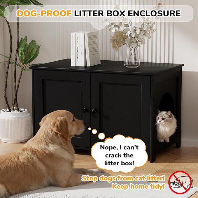 Cat Litter Box Enclosure Furniture Dog Proof, Hidden Kitty Washroom Cabinet Low Entry, Wooden Cat Boxes Enclosure Odor Control for Home, Farmhouse Style Decorative TV Stand with Storage, Black