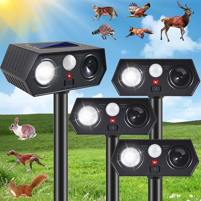 2026 Solar Ultrasonic Animal Repellent Outdoor, Deer Cat & Dog Deterrent, Motion Sensor Rabbit Squirrel Raccoon Skunk Repeller with LED Flash for Yard, Solar Scare Devices (4 Pack)