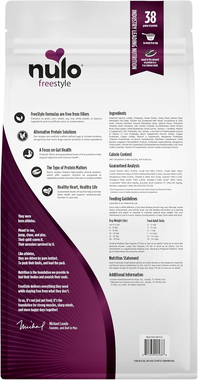 Nulo FreeStyle Small Breed Dog Food Dry - Salmon & Lentils, Puppy & Adult Grain Free Dog Food, Natural, High Protein, Smaller Sized Kibble with BC30 Probiotic for Healthy Digestion Support, 14lb