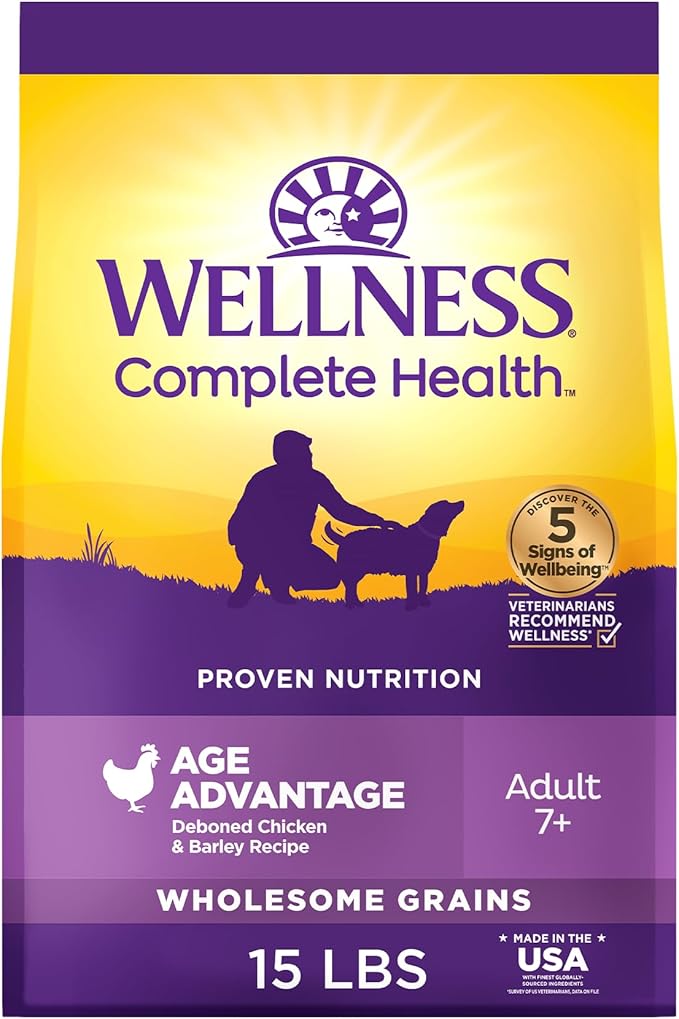 Wellness Complete Health Age Advantage Senior Dry Dog Food, Wholesome Grain Kibble, Natural, Chicken and Barley Recipe, 15 lb Bag