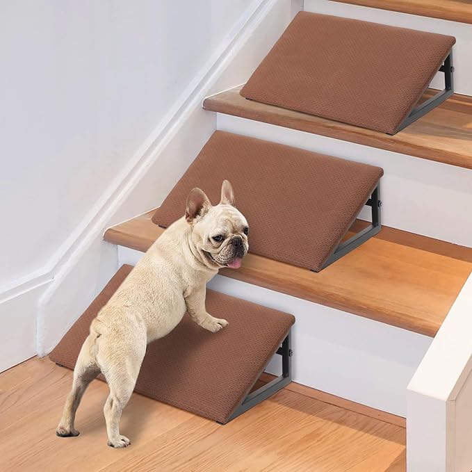 Dog Ramps for Staircase - Pet Steps Stairs for Staircase with Anti-Slip Bottom Suitable for Small Dogs, 3 Packs Extra Wide Metal Frame Dog Ramp for Injured and Older Pets (Brown)