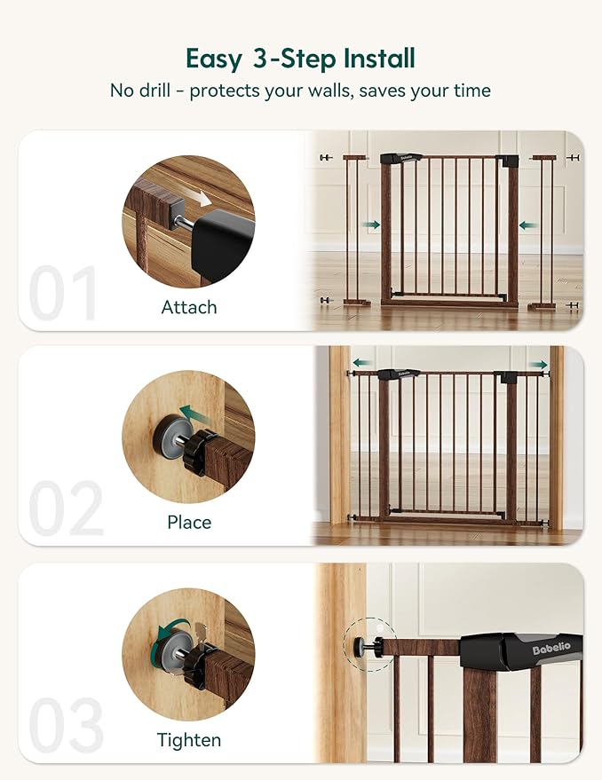 Babelio Metal Auto Close Baby Gate PressGuard P7,Extra Wide Pet Gate for The House and Doorways, Pressure Mounted Walk Thru Child Gate with Door (Black Wood Pattern, 30" Tall 29"-55" Wide)