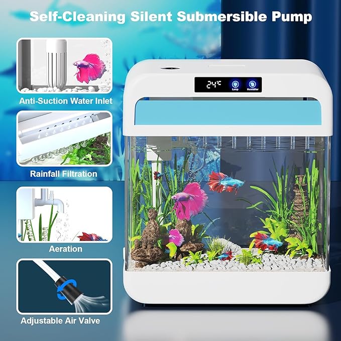 Fish Tank 2.2 Gallon Fish Bowl with Humidifier 7 Color Auto-Looping Light Aquarium Tank with 3 in 1 Silent Pump with Filteration & Oxygenation & Circulation(White-2.2 Gallon)