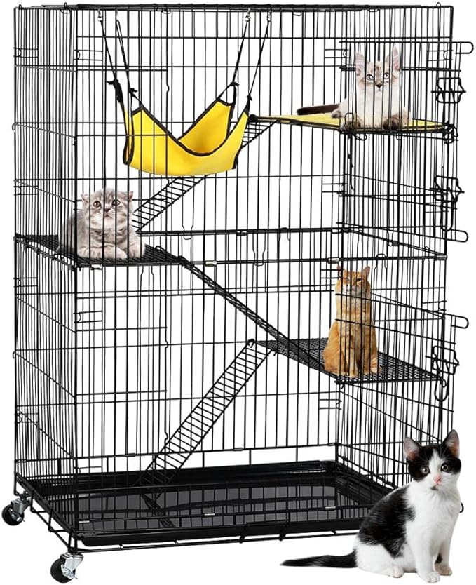 Yaheetech 49'' Collapsible Cat Cage 4-Tier Metal Cat Kennel Ferret Enclosure Chinchilla Cage with Rotating Casters/Ramp/Ladders/Hammock for Indoor Kitten