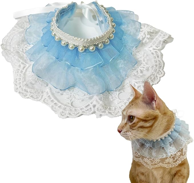Cat Lace Bandana, Cat Tutu Collar with Pearl Princess Costume for Small Dog Bunny Wedding Birthday Party Holiday Decoration, Blue S 7.5"-10"