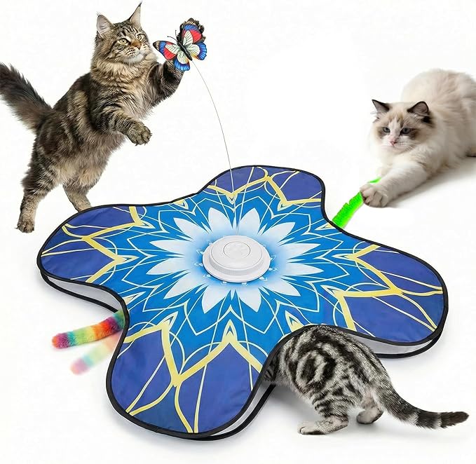 Interactive Cat Toy for Indoor Cats, Touch Activated Automatic Electronic Cat Toy with Sound On/Off, Dual Wands, Non-Slip Suction Cups, Rechargeable Hide and Seek Cat Play Mat for Bored Adult Kittens