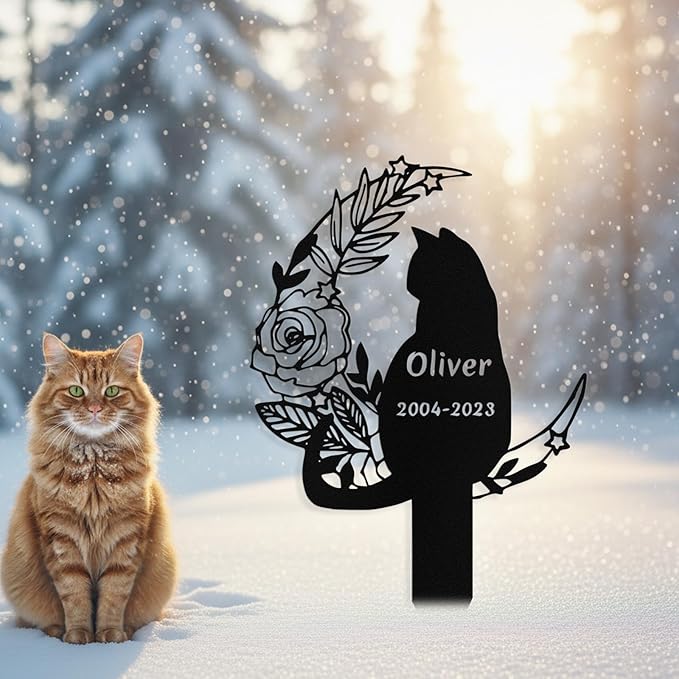 Custom Cat Grave Marker Outdoor, Personalized Metal Cat Memorial Grave Stake with Name and Date, Outdoor Waterrproof Cats Memorial Plaque