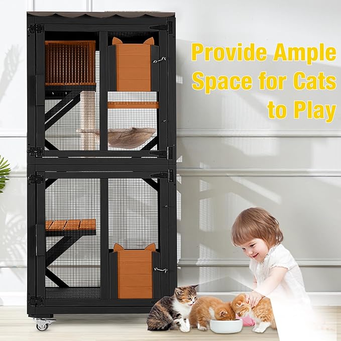 Aivituvin Catio Outdoor Cat Enclosure Wooden Cat Cage with Window Access Large Kitty House on Wheels 62.4’’ Indoor Patio Black