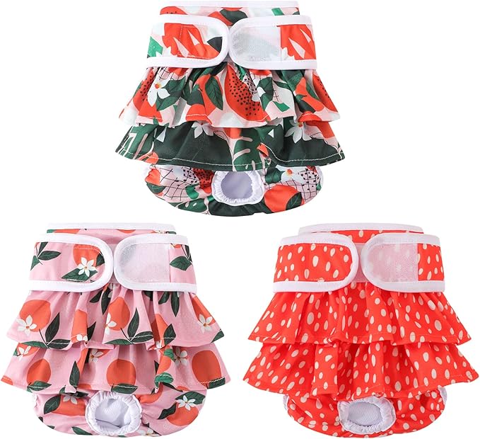 Reusable Dog Diapers Female 3 Pack Washable Premium Highly Absorbent Doggie Diapers, Flexible Puppy Diapers, Durable Leak-Proof Fruit Dog Diapers for Period Heat Incontinence Puppy Training, XS