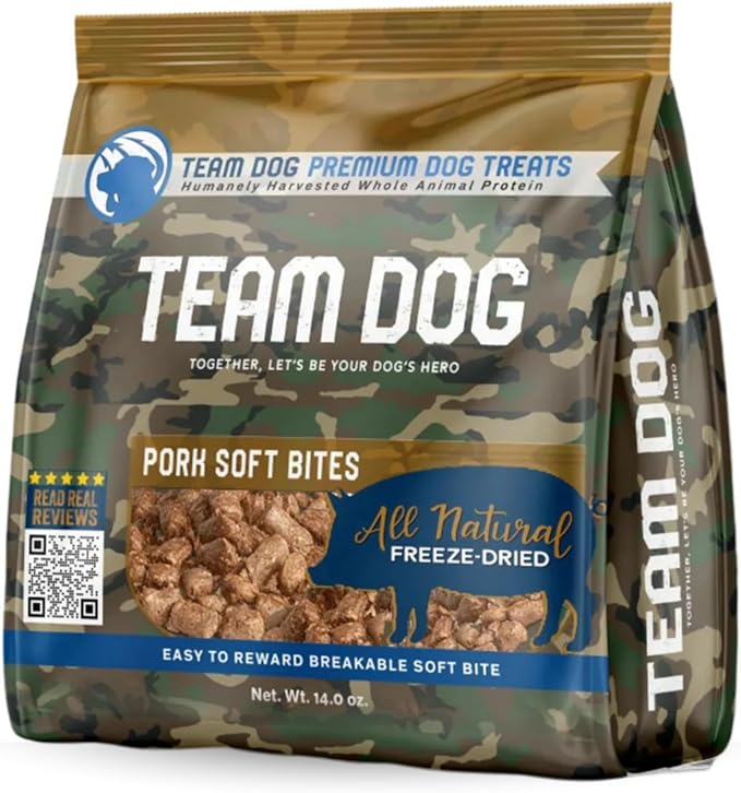 Team Dog Freeze-Dried Raw Pork Soft Dog Treats & Dog Food Topper | Grain Free Dog Treats for Training | 100% USA-Sourced Pork for Cleaner Teeth, Digestive Health & Muscle Growth | 14 oz Bulk Size
