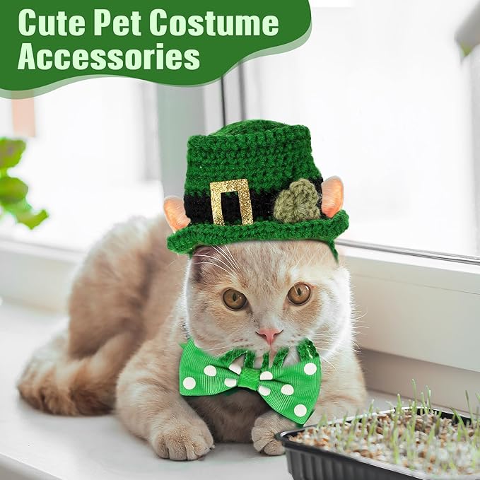 MTLEE 4 Pcs St Patrick's Day Pet Costume Accessories, 2 Pcs Shamrock Headband for Cat and 2 Pack Green Cat Neck Bow St. Patty's Day Top Hat with Ear Holes and Chin Straps Adjustable for Pets