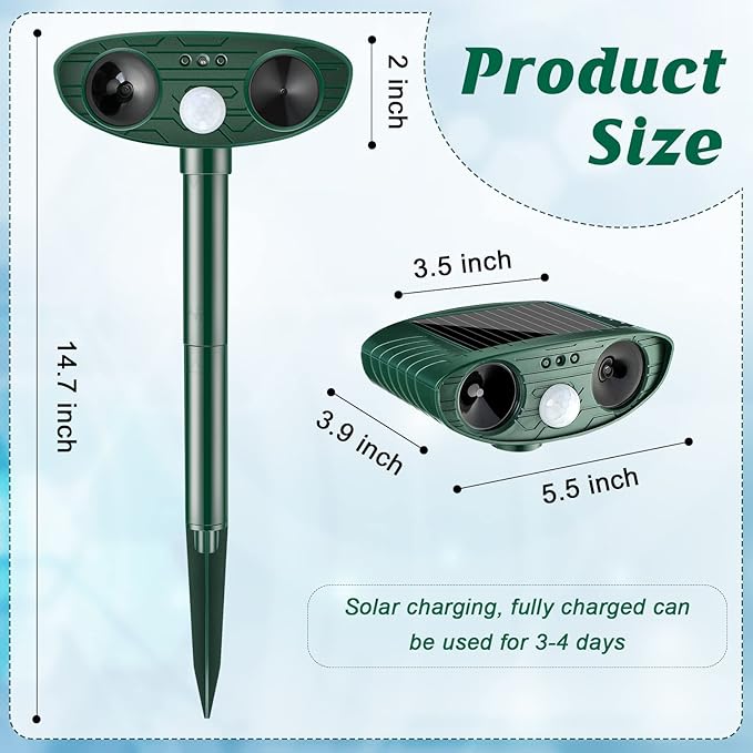 Ultrasonic Animal Repellent Outdoor Solar Powered Repeller Cat Dog Deer Deterrent Waterproof Motion Sensor Deterrent for Yard Garden Rabbit Squirrels Fox Pest (2, Green)