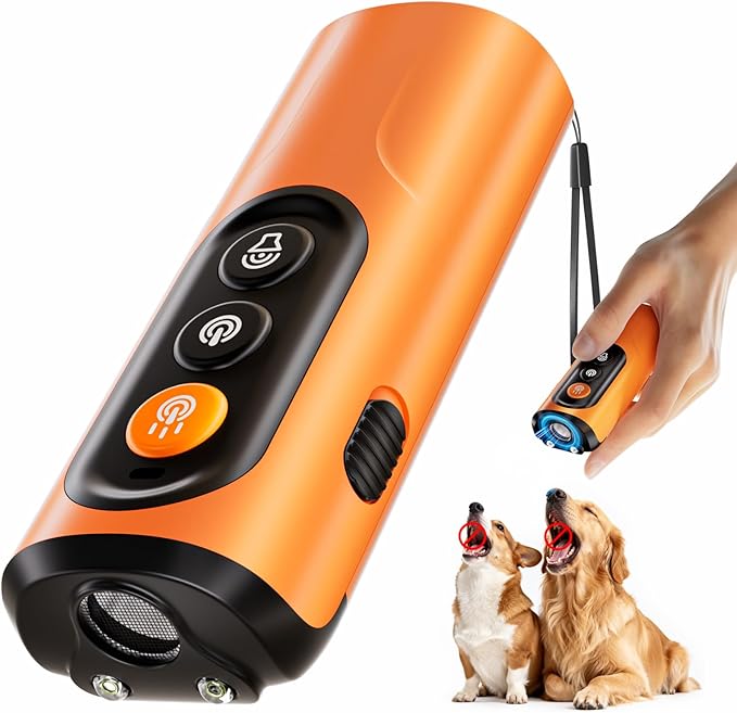 Dog Bark Deterrent Device & Anti Barking Device for Dogs, 50FT Ultrasonic Dog Trainer - Silent to Humans, Safe, Humane, Long-Lasting Rechargeable Orange Handheld with LED, Indoor/Outdoor