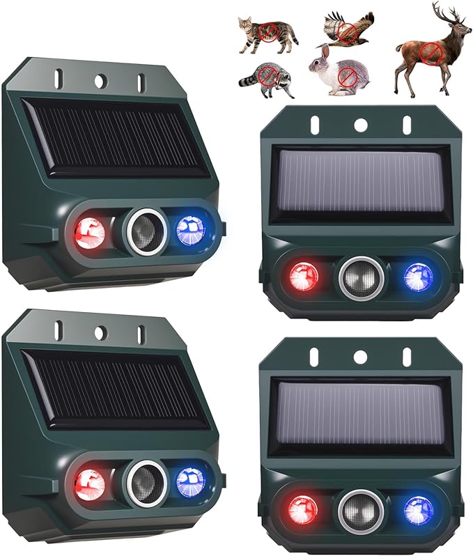 2026 4 Packs Solar Ultrasonic Nocturnal Animal Repeller,Ultrasonic Bird Cat Deterrent Outdoor for Yard Farm,Predator Lights with Red&Blue for Cat Fox,Effective Deer Repellent Outdoor for Chicken Coop
