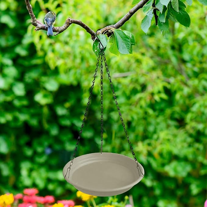 Hanging Bird Feeder and Waterer Tray Water Feeding Bowl Garden Decor with Chains Sturdy Birds Water Station for Backyard Yard, Beige