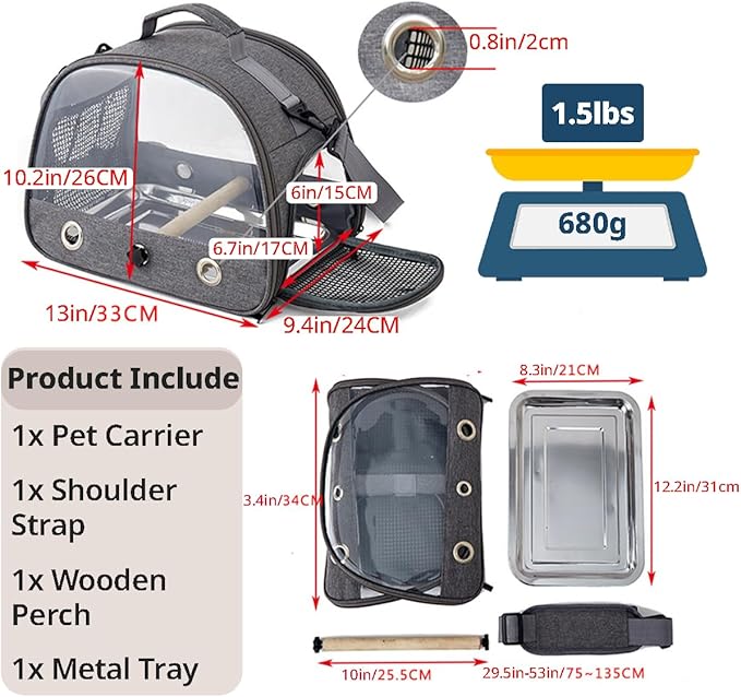 MANON ROSA Bird Carrier Backpack with Perch - Lightweight and Breathable Parrot Travel Cage with Stand Tray Shoulder Strap for Small Pets: Chinchillas, Hamsters, Squirrels, Bunnies, Kittens