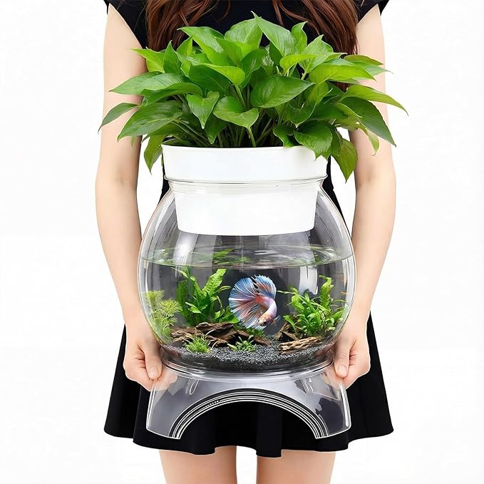 Geelin 1.5 Gallon Plastic Aquaponic Betta Fish Tank Aquaponic with Base and Top, Large Bowl Shatterproof Ecosystem Aquarium with Clear Clarity for Terrarium, Flower Vase Betta Fish Centerpiece Gifts