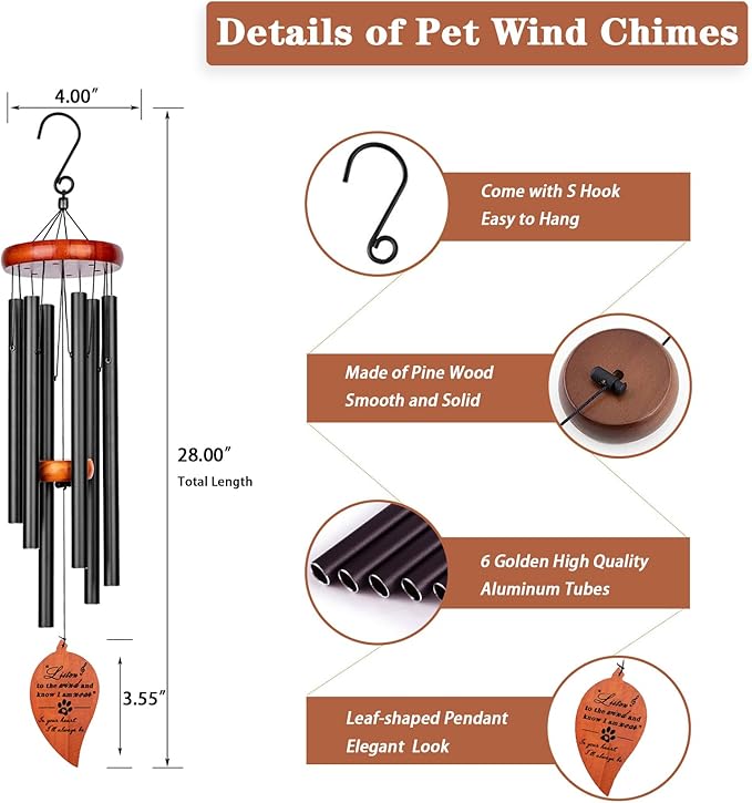 Pet Loss Gifts, 28'' Dog Memorial Wind Chimes, Loss of Dog Sympathy Gift, Pet Loss Passing Away Remembrance Bereavement Gift