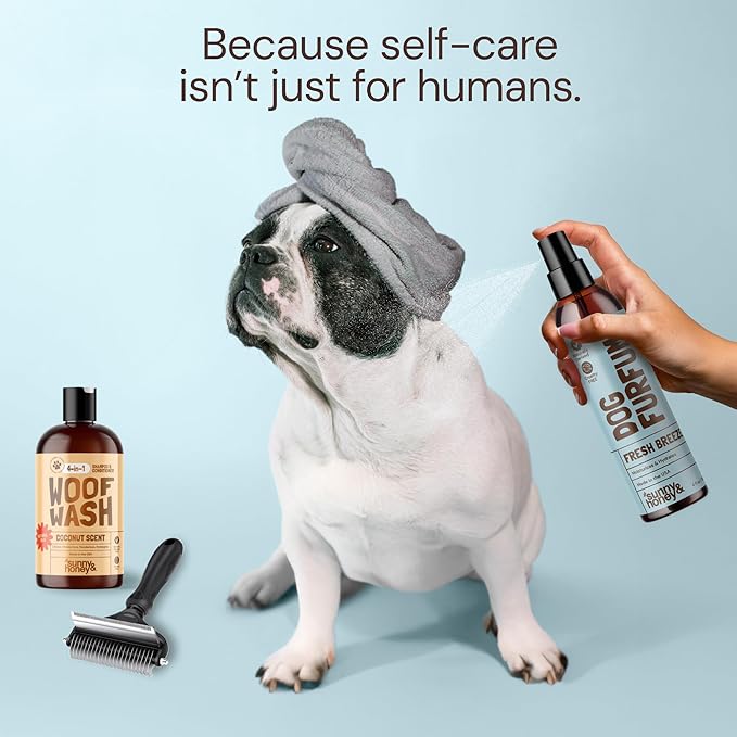 Sunny & Honey Dog Grooming Kit & Shampoo Bundle Pack - 16 oz Coconut Honey Shampoo & Conditioner Set - 8 oz Breeze Dog Deodorizing Spray - Deshedding Brush - Microfiber Towel