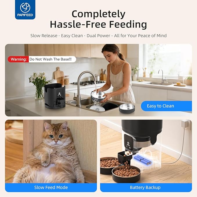 PAPIFEED Automatic Cat Feeder for 2 Cats, 2.4G WiFi Cat Food Dispenser with App Control, 7L Slow Feed Pet Feeder with 2 Stainless Bowls for Cats & Dogs, 12 Portions 10 Meals Daily - Black