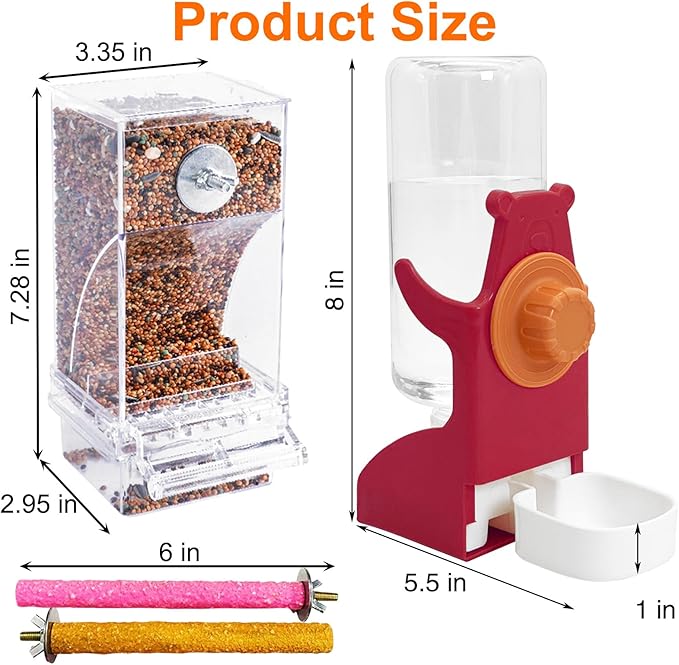 VCEPJH No Mess Bird Feeder and Water Dispenser Automatic Parrot Feeder Cage Accessories Orange Bird Drinker Parakeet Seed Dispenser with Cage Perch for Lovebirds Conures Budgies Canary Finch (Red)