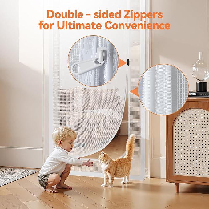 BFNN Cat Screen Door, Extra Tall Cat-Proof Mesh Gate, Fit Door Size 34'' x 82.5'', Anti Scratch Mesh with Zipper Closure, for Living Room, Kitchen, Bedroom (White)