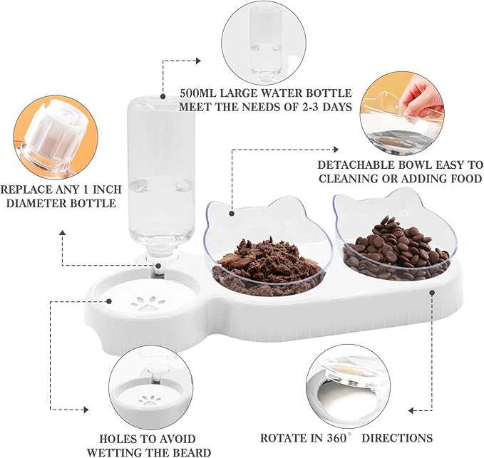 Triple Dog 3-in-1 Tilt Cat Bowls - Double Food Bowls with Automatic Water Bottle, Removable Wet & Dry Food Bowl Set for Small Cats & Puppies (White)