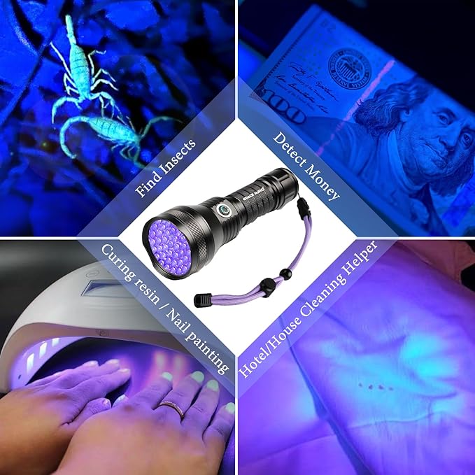 Rechargeable UV Flashlight, 51 LED 395nm Black Light, Ultraviolet Lite UV Light, Pet Urine Detector for Dog/Cat Urine, Dry Stains, Bed Bug, Resin Curing, Scorpions, Dry Pet Stains